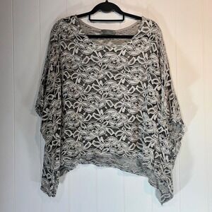Lara Women Grey White Floral Lace Poncho Top Oversized Sheer Knit Blouse Large
